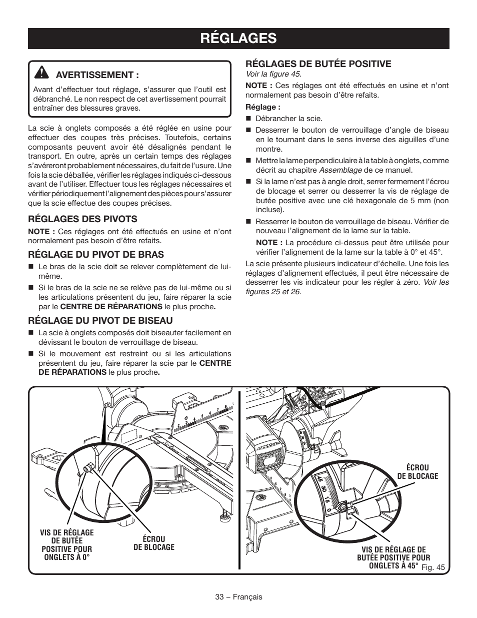 Réglages | Ryobi TSS120L User Manual | Page 67 / 104