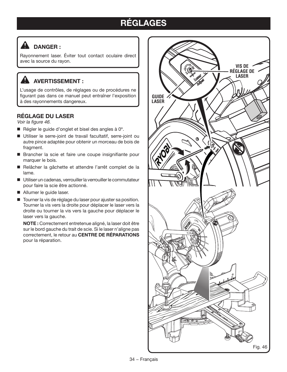 Réglages | Ryobi TSS120L User Manual | Page 68 / 104