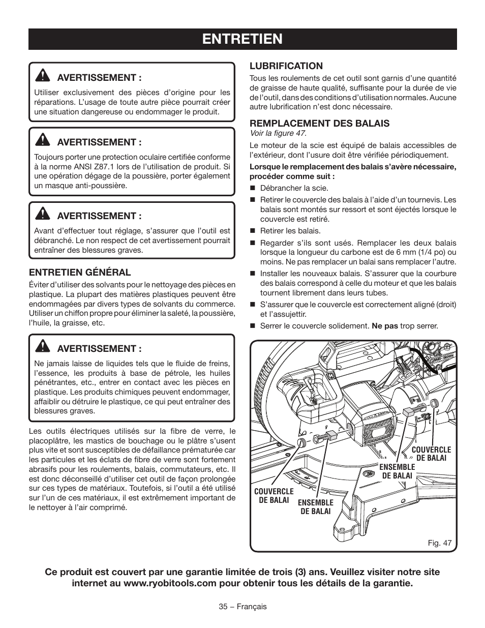 Entretien | Ryobi TSS120L User Manual | Page 69 / 104