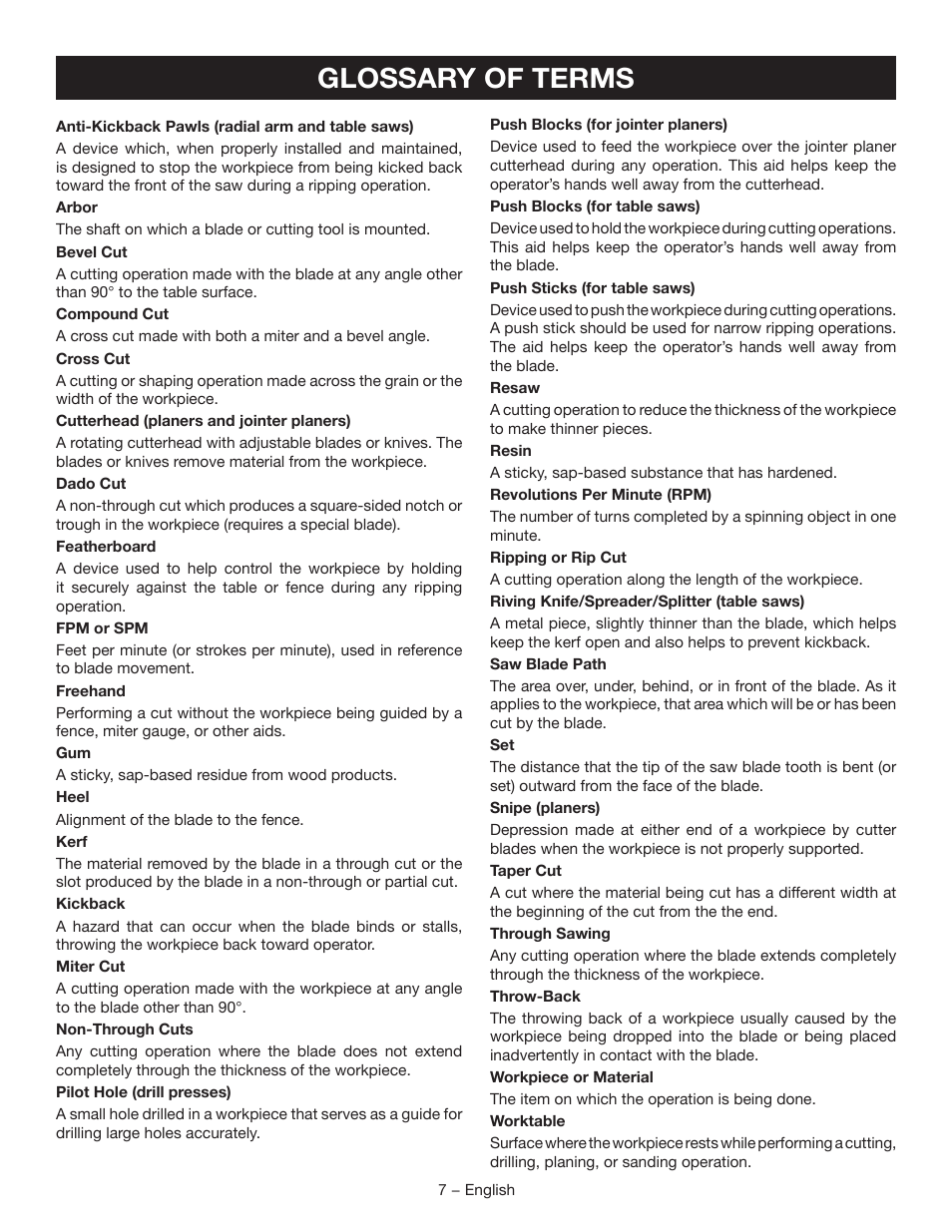 Glossary of terms | Ryobi TSS120L User Manual | Page 7 / 104