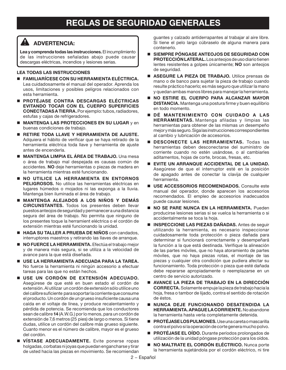 Reglas de seguridad generales, Advertencia | Ryobi TSS120L User Manual | Page 70 / 104