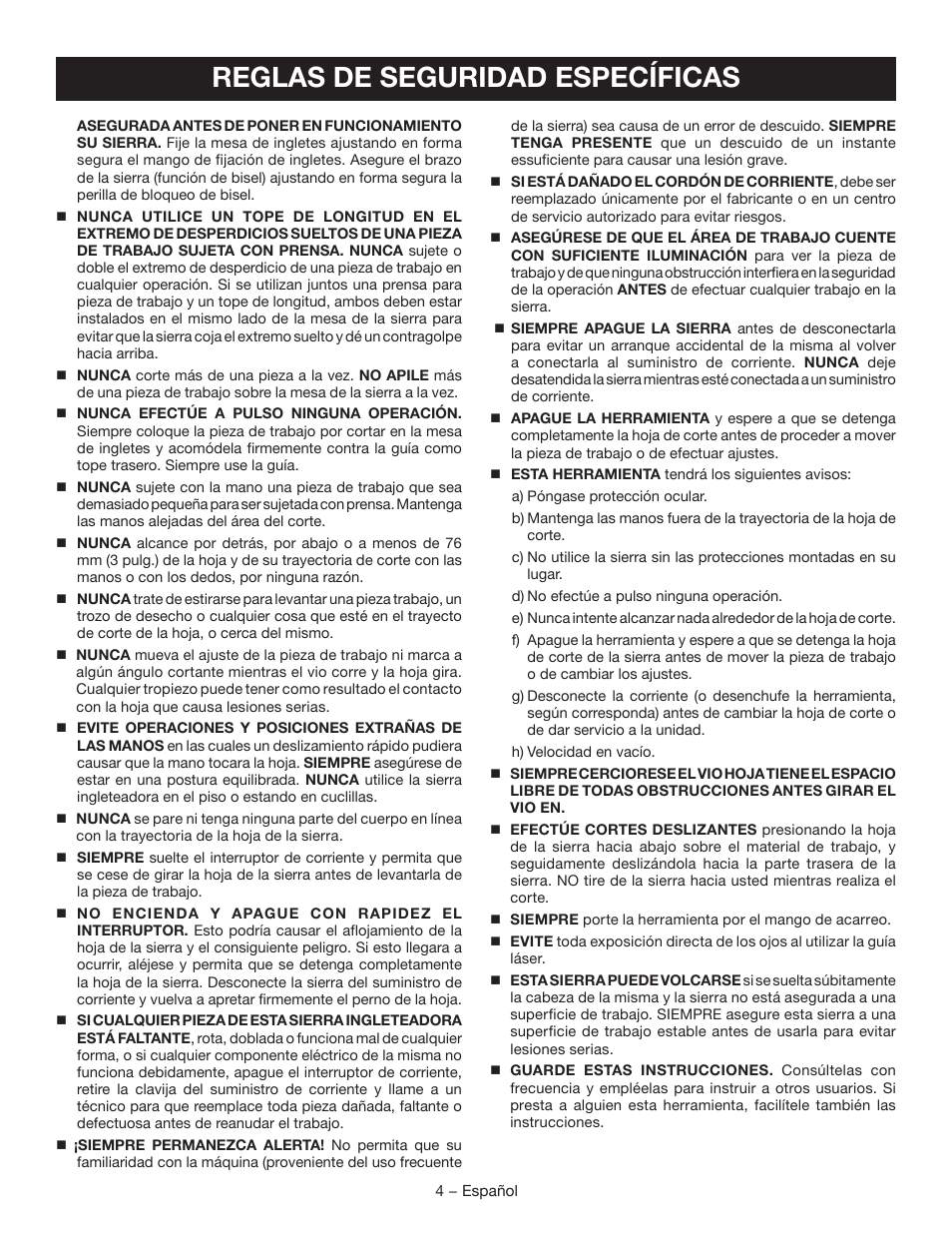 Reglas de seguridad específicas | Ryobi TSS120L User Manual | Page 72 / 104