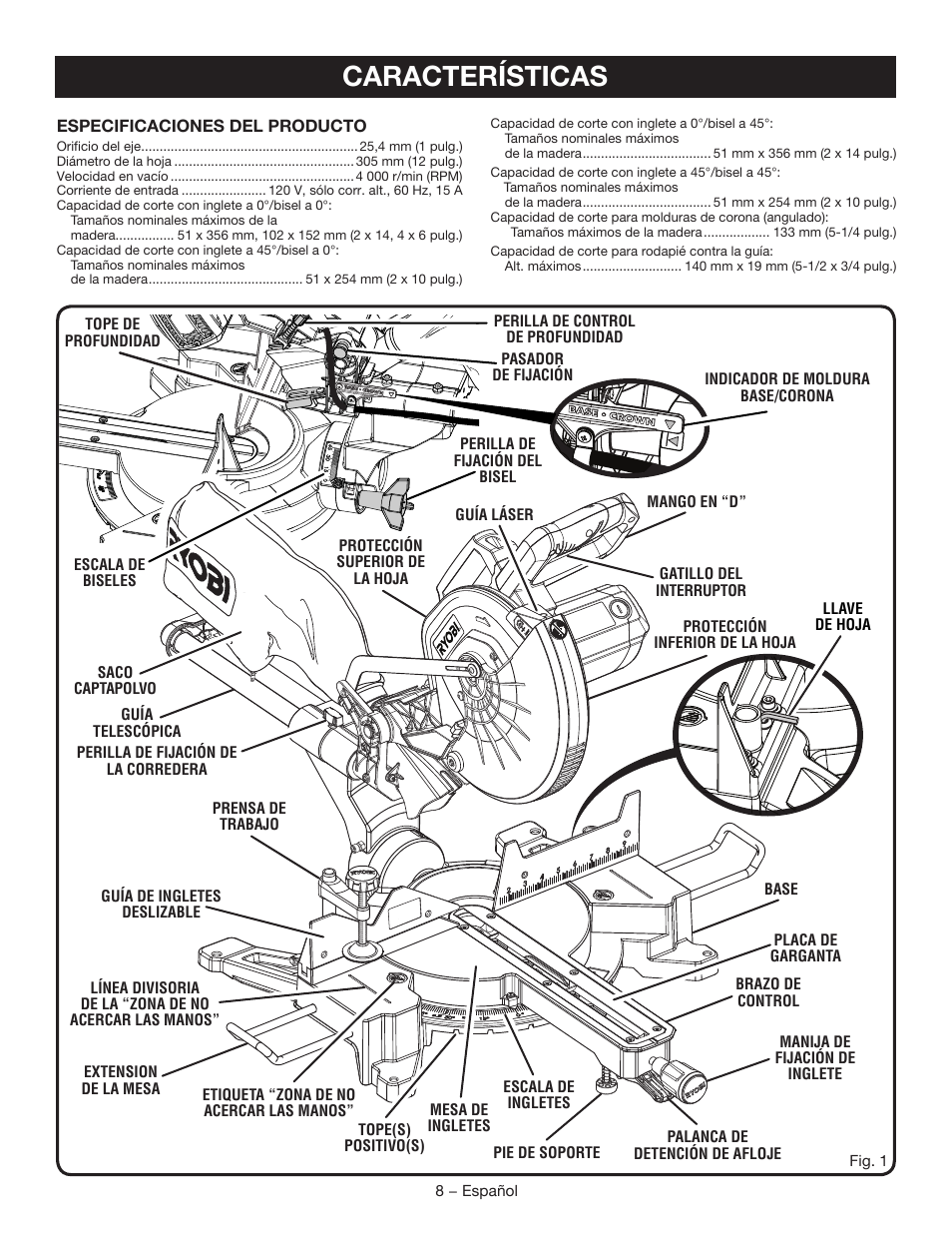 Características | Ryobi TSS120L User Manual | Page 76 / 104