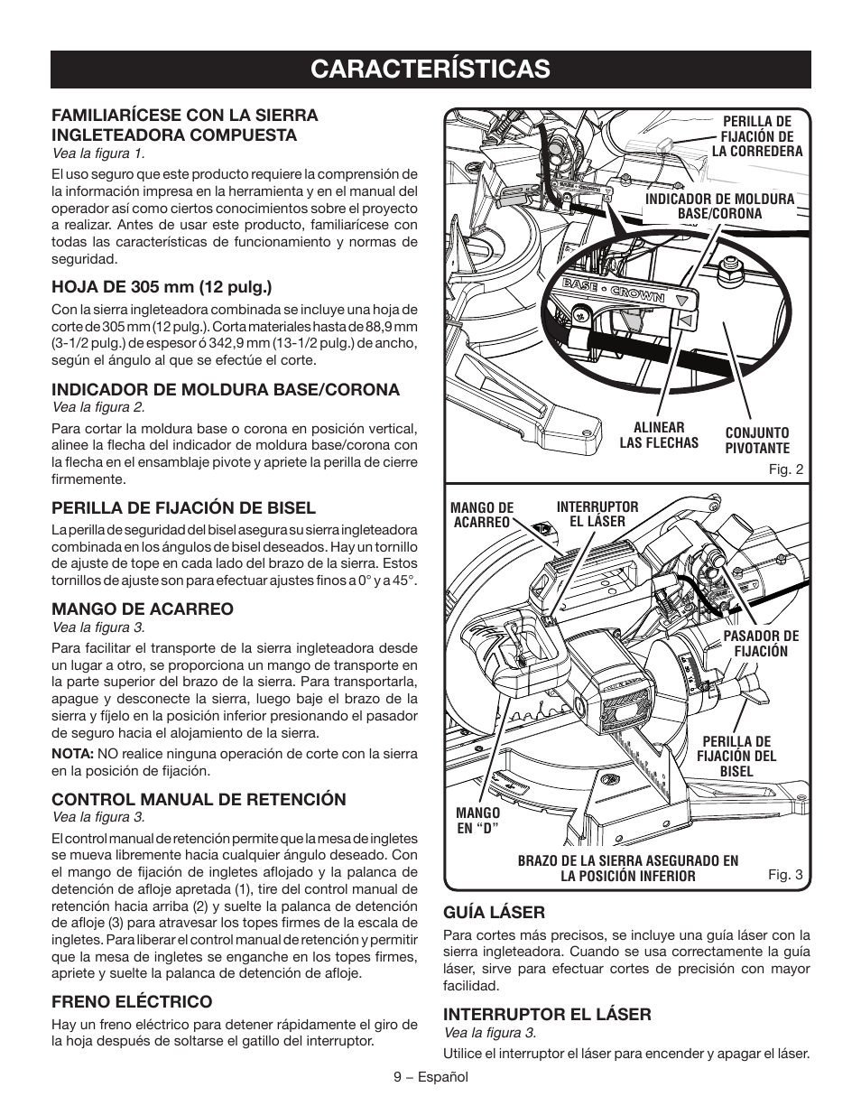 Características | Ryobi TSS120L User Manual | Page 77 / 104