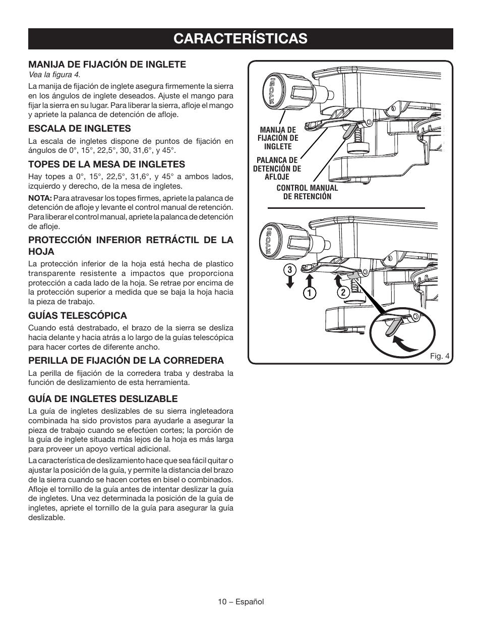 Características | Ryobi TSS120L User Manual | Page 78 / 104