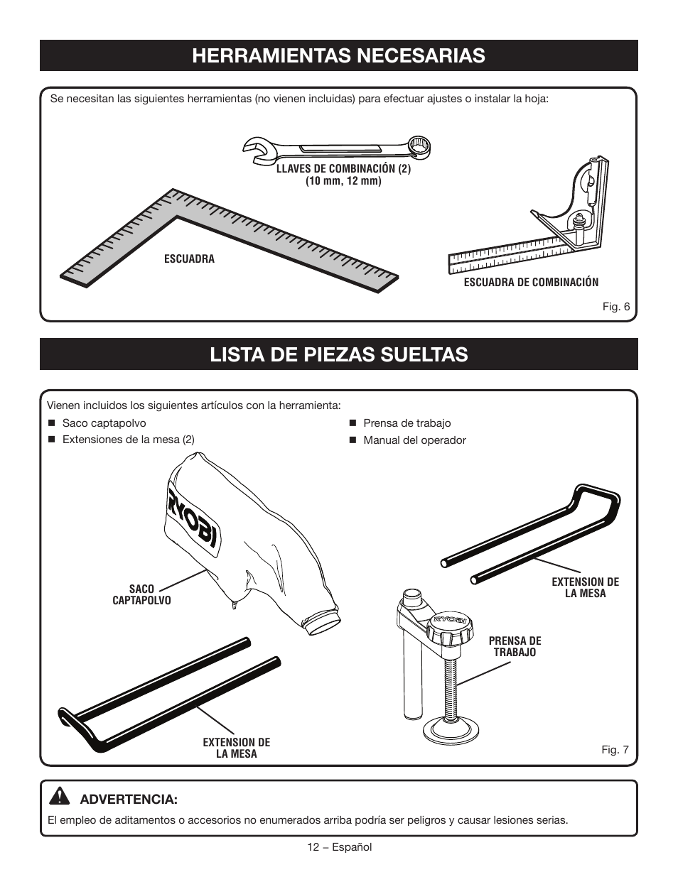 Lista de piezas sueltas, Herramientas necesarias | Ryobi TSS120L User Manual | Page 80 / 104