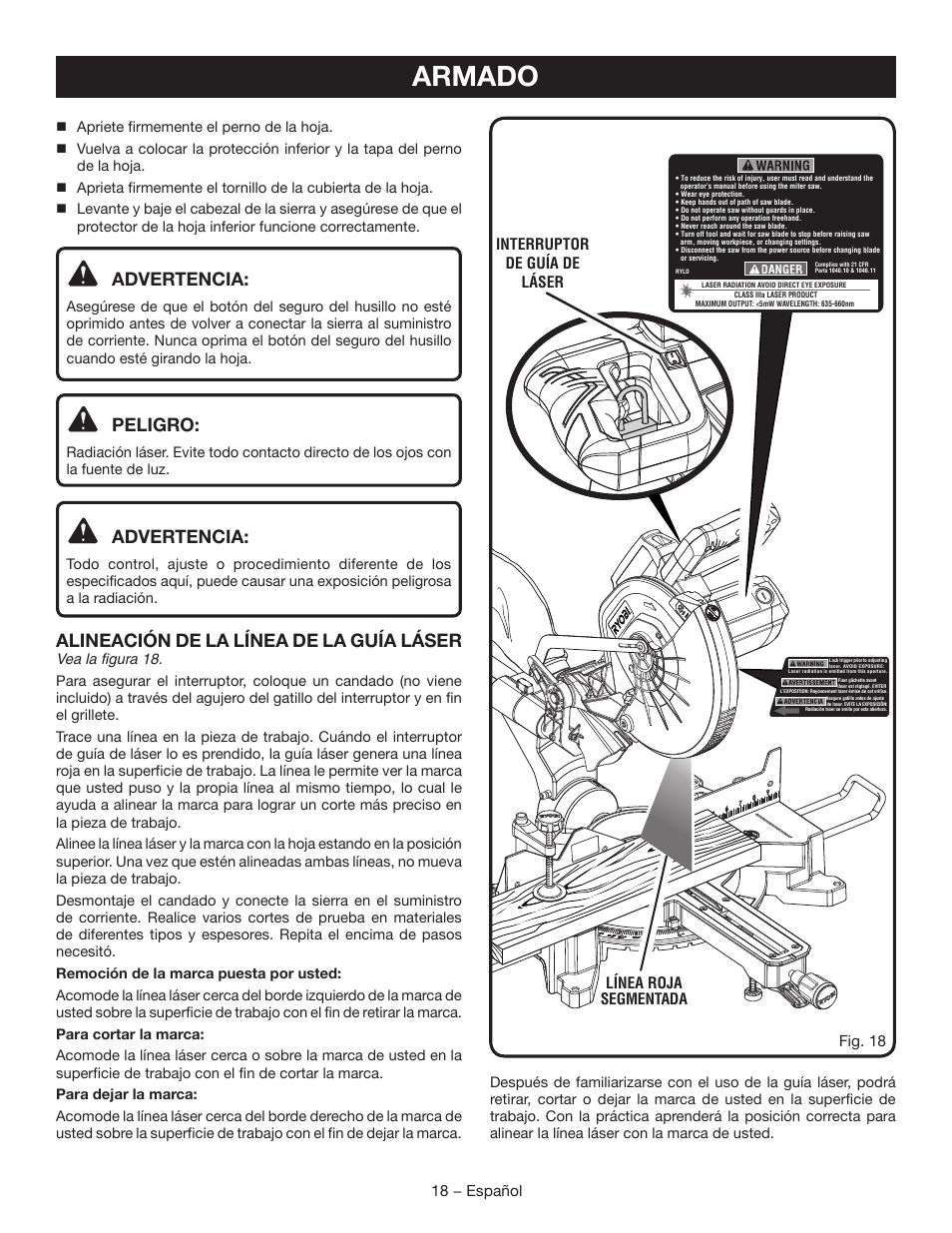 Armado, Advertencia, Peligro | Alineación de la línea de la guía láser, 18 − español, Línea roja segmentada fig. 18, Interruptor de guía de láser | Ryobi TSS120L User Manual | Page 86 / 104