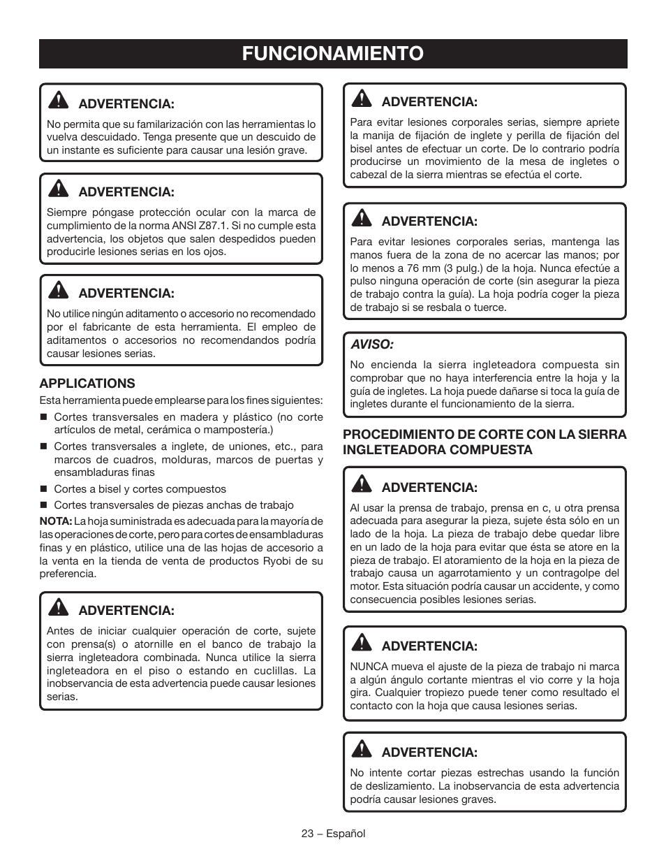 Funcionamiento | Ryobi TSS120L User Manual | Page 91 / 104