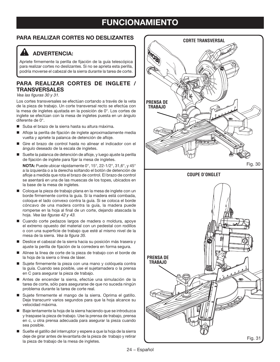 Funcionamiento | Ryobi TSS120L User Manual | Page 92 / 104