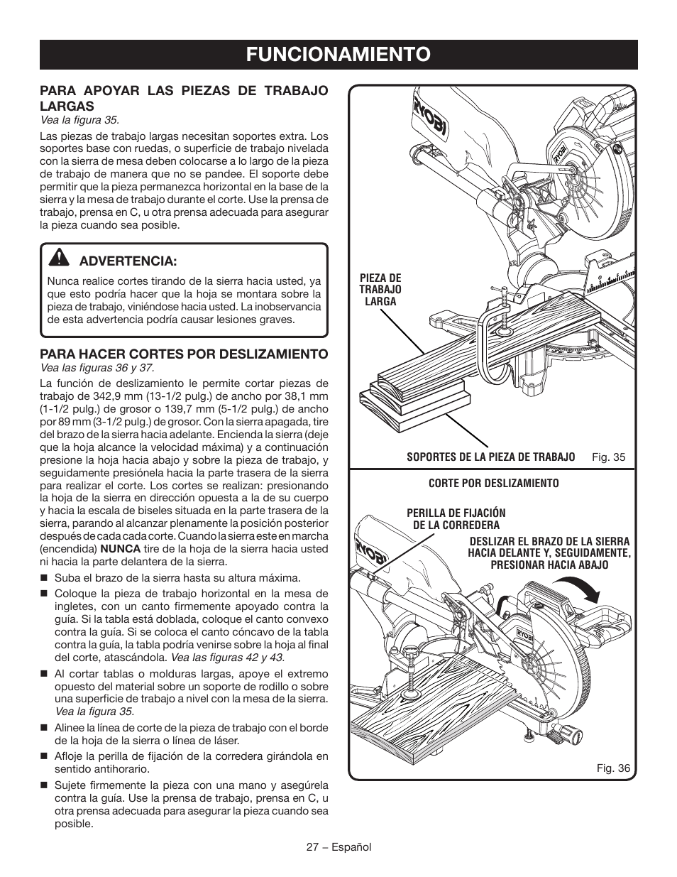 Funcionamiento | Ryobi TSS120L User Manual | Page 95 / 104
