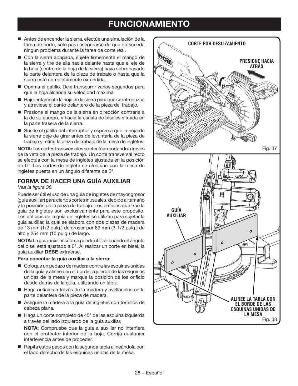 Funcionamiento | Ryobi TSS120L User Manual | Page 96 / 104