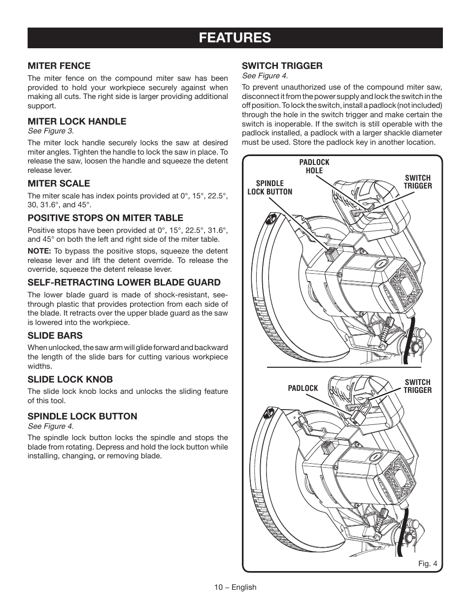 Features | Ryobi TSS102L User Manual | Page 10 / 100