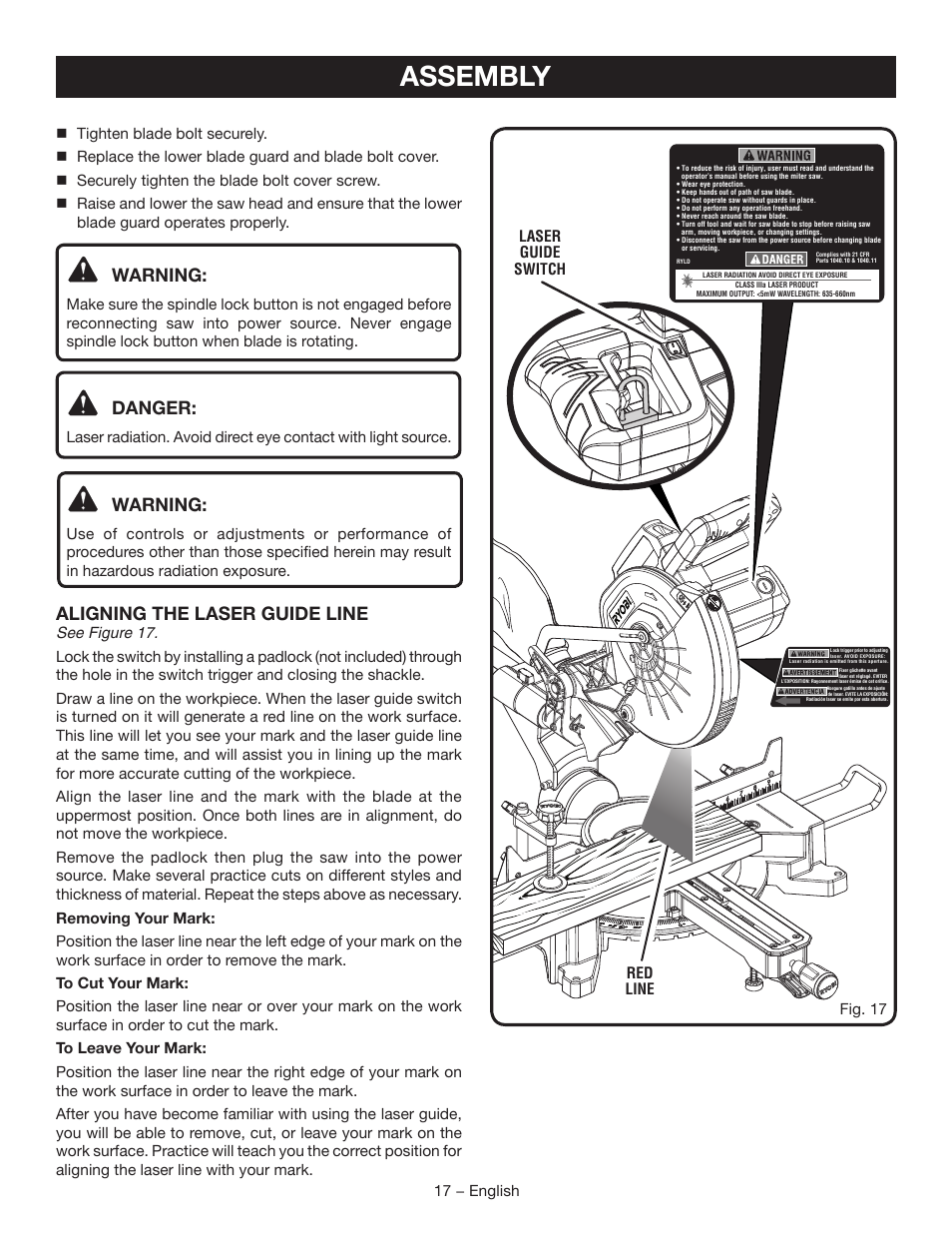 Assembly, Warning, Danger | Aligning the laser guide line, 17 − english | Ryobi TSS102L User Manual | Page 17 / 100