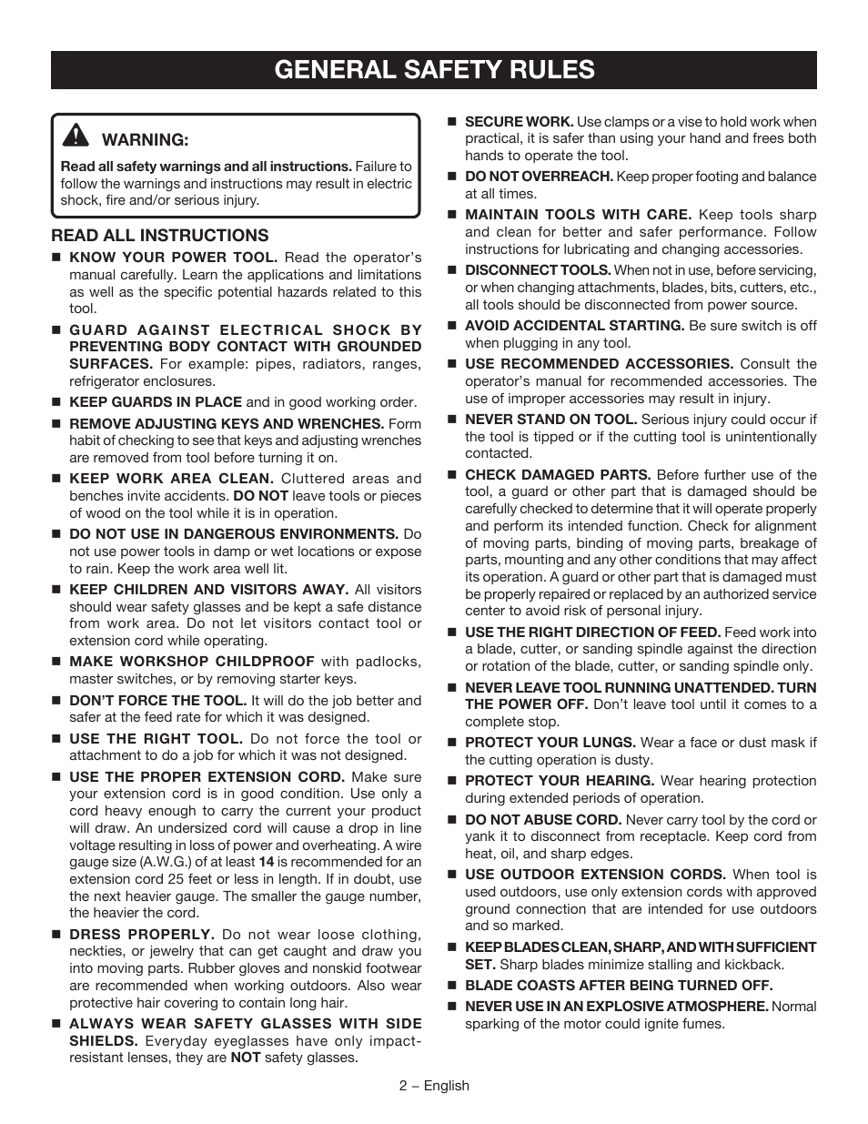 General safety rules | Ryobi TSS102L User Manual | Page 2 / 100