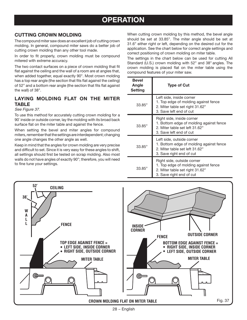 Operation, Cutting crown molding, Laying molding flat on the miter table | Ryobi TSS102L User Manual | Page 28 / 100