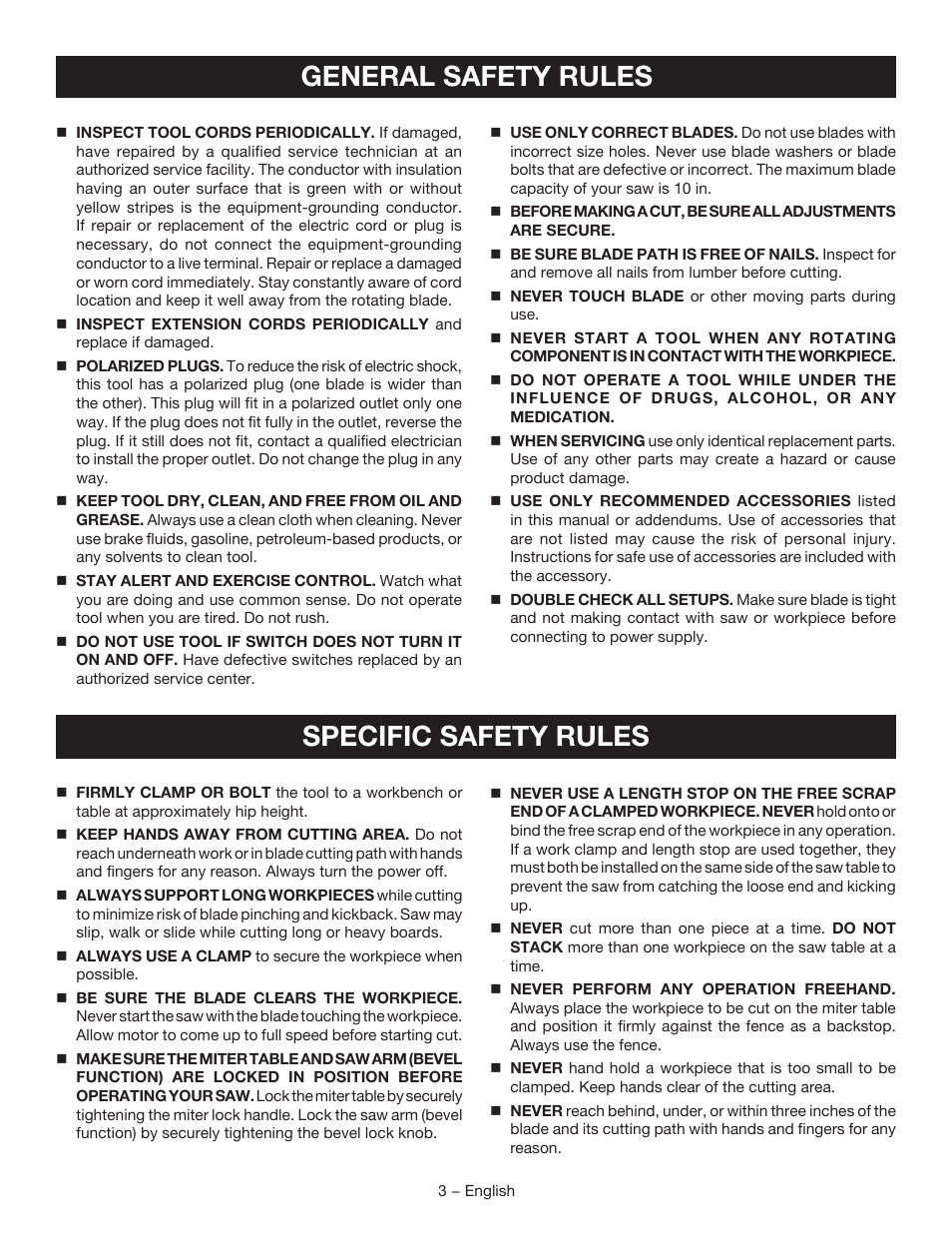 General safety rules, Specific safety rules | Ryobi TSS102L User Manual | Page 3 / 100