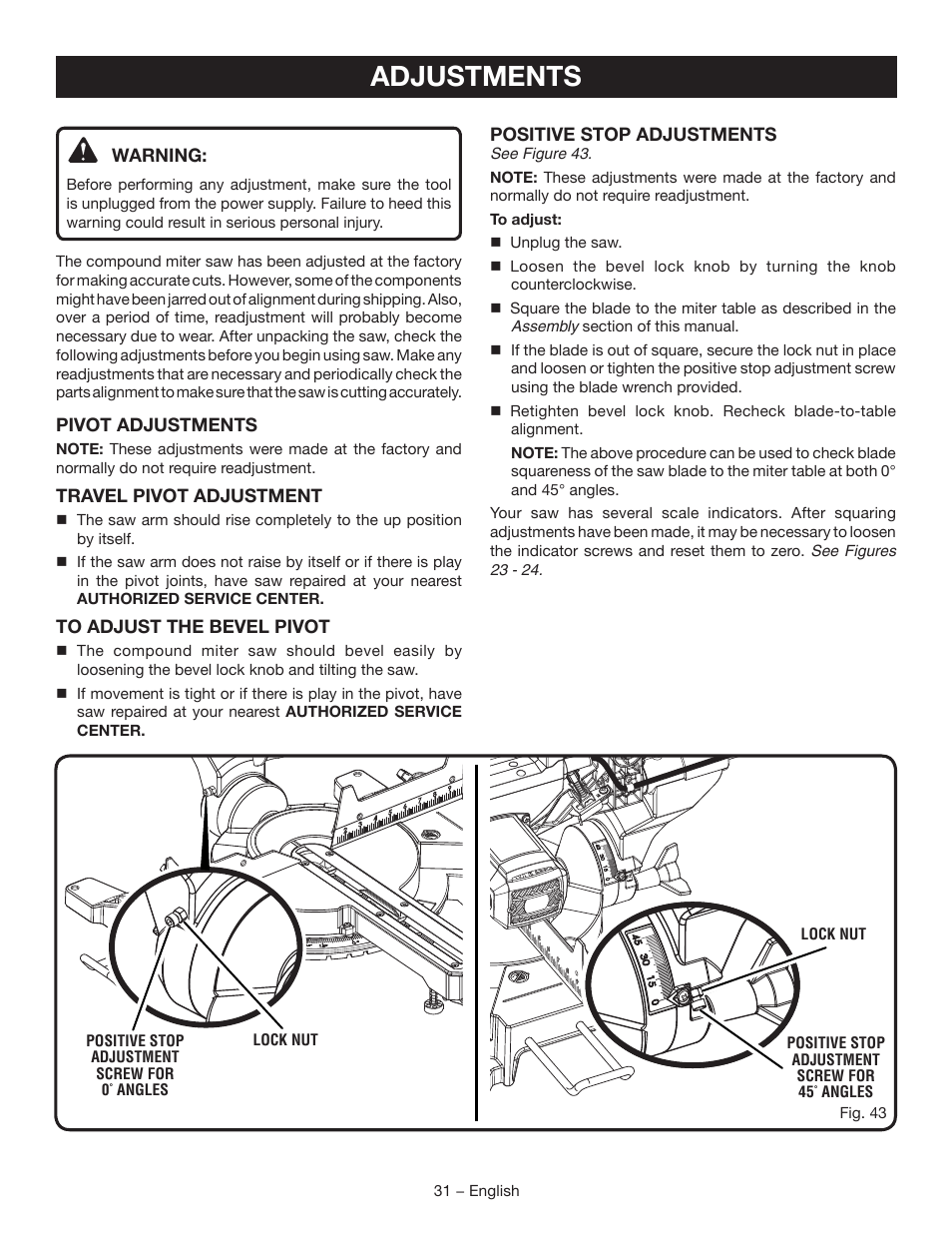 Adjustments | Ryobi TSS102L User Manual | Page 31 / 100