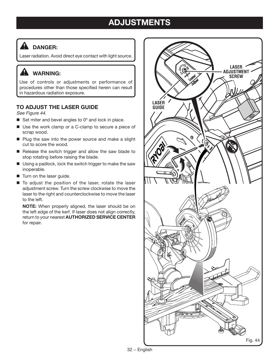 Adjustments | Ryobi TSS102L User Manual | Page 32 / 100