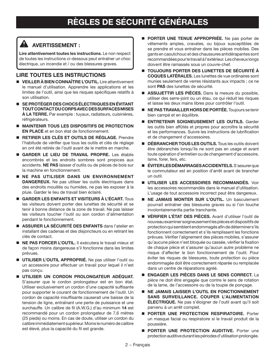 Règles de sécurité générales, Avertissement, Lire toutes les instructions | Ryobi TSS102L User Manual | Page 34 / 100