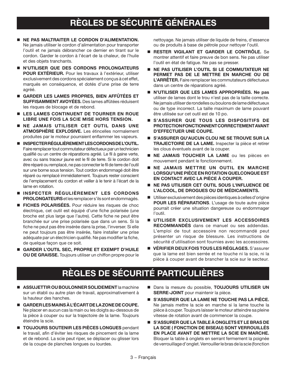 Règles de sécurité générales, Règles de sécurité particulières | Ryobi TSS102L User Manual | Page 35 / 100