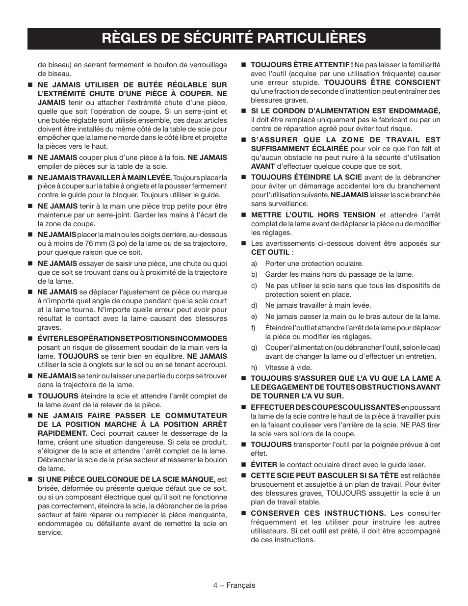 Règles de sécurité particulières | Ryobi TSS102L User Manual | Page 36 / 100