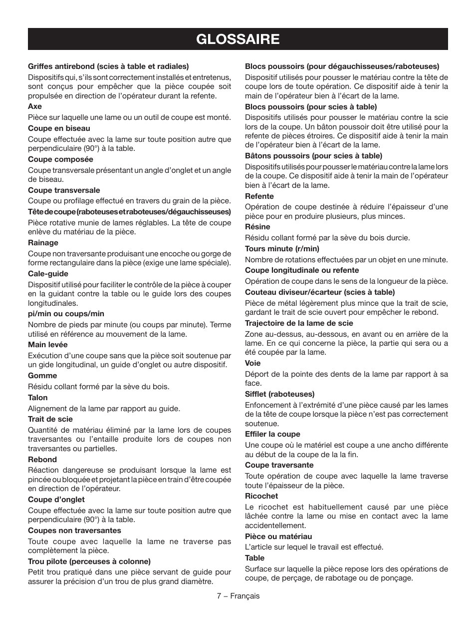 Glossaire | Ryobi TSS102L User Manual | Page 39 / 100