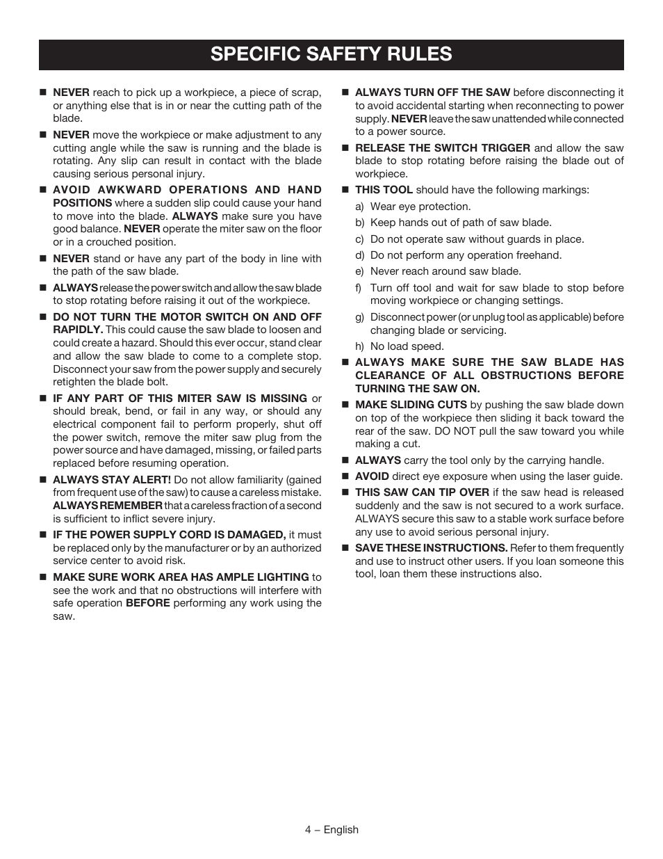 Specific safety rules | Ryobi TSS102L User Manual | Page 4 / 100