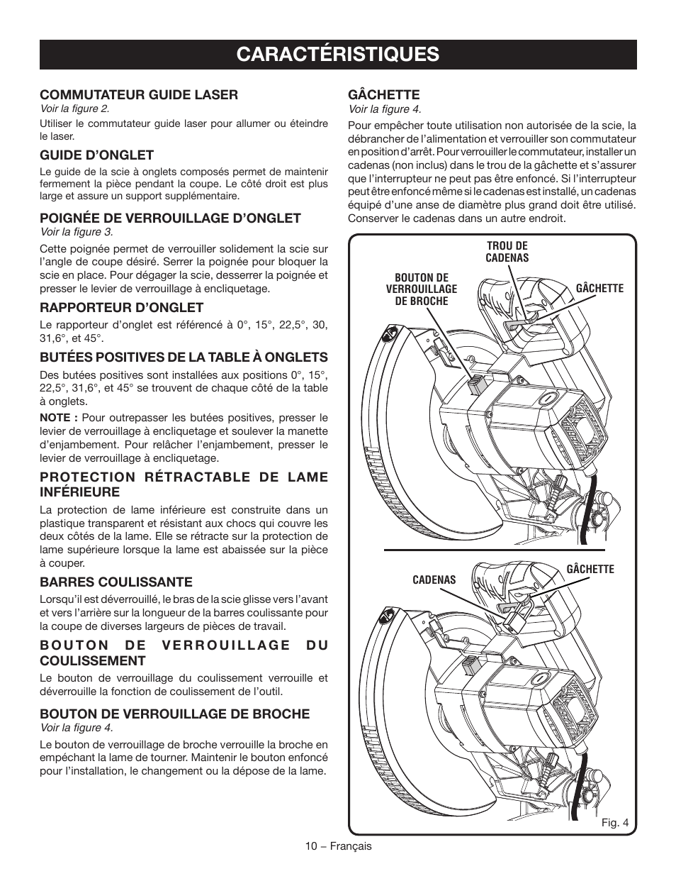 Caractéristiques | Ryobi TSS102L User Manual | Page 42 / 100
