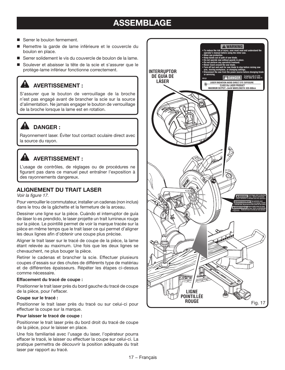 Assemblage, Avertissement, Danger | Alignement du trait laser, 17 − français, Ligne pointillée rouge fig. 17, Interruptor de guía de láser | Ryobi TSS102L User Manual | Page 49 / 100