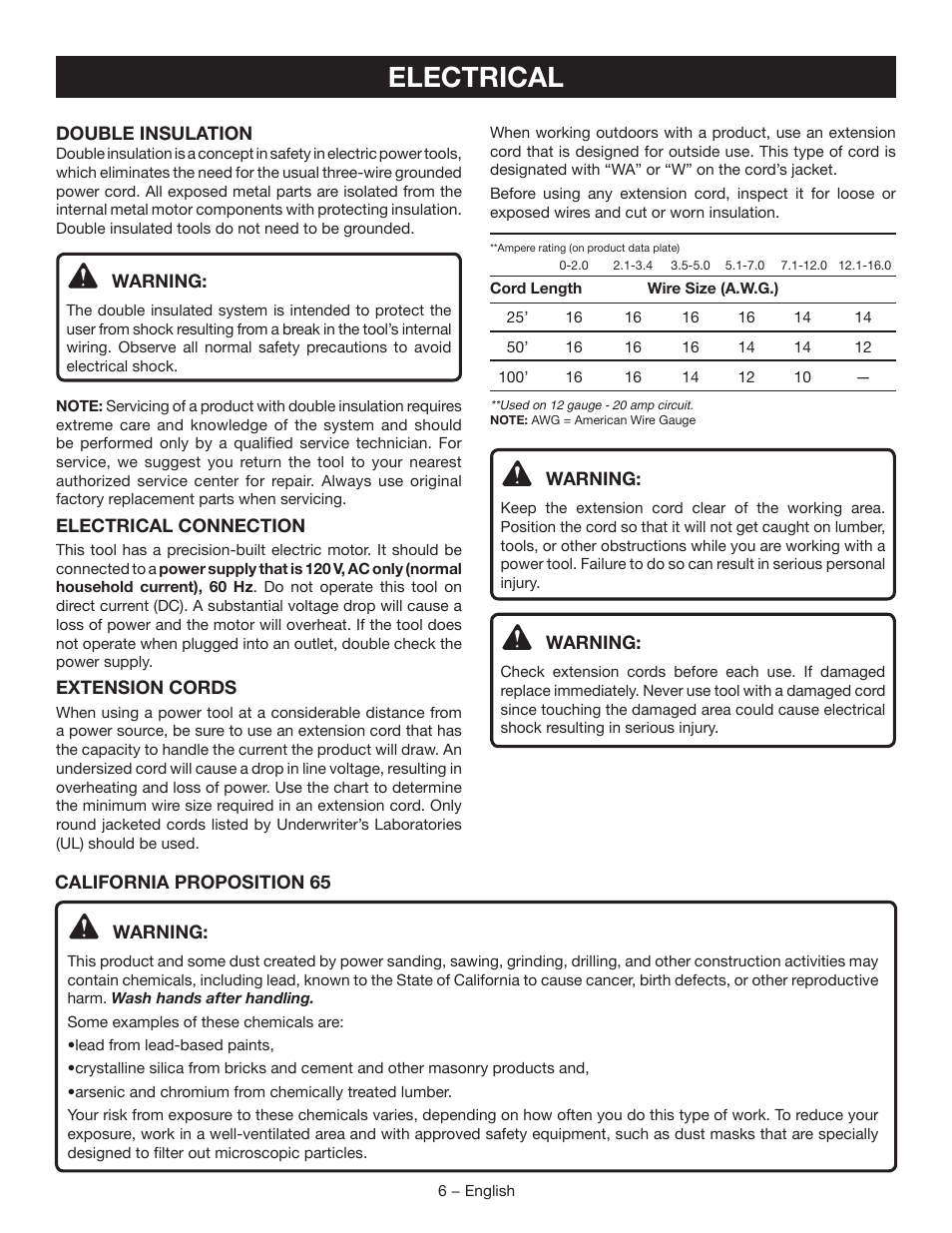 Electrical | Ryobi TSS102L User Manual | Page 6 / 100