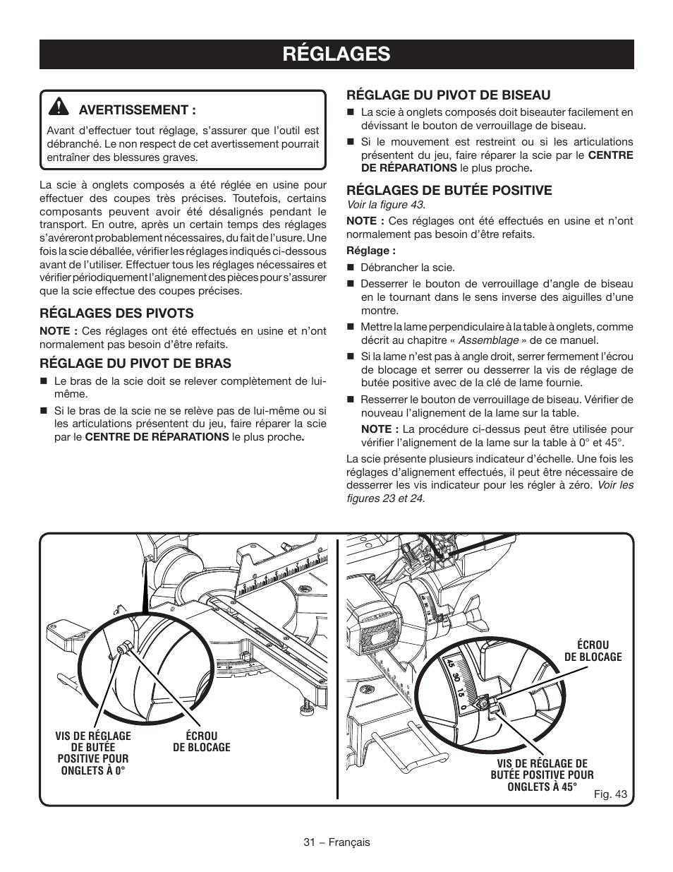 Réglages | Ryobi TSS102L User Manual | Page 63 / 100