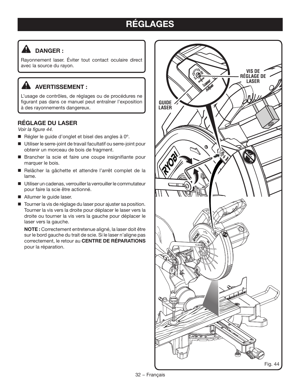 Réglages | Ryobi TSS102L User Manual | Page 64 / 100