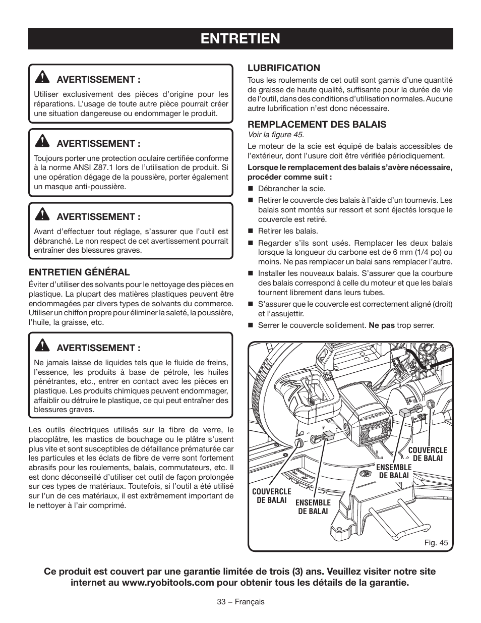 Entretien | Ryobi TSS102L User Manual | Page 65 / 100