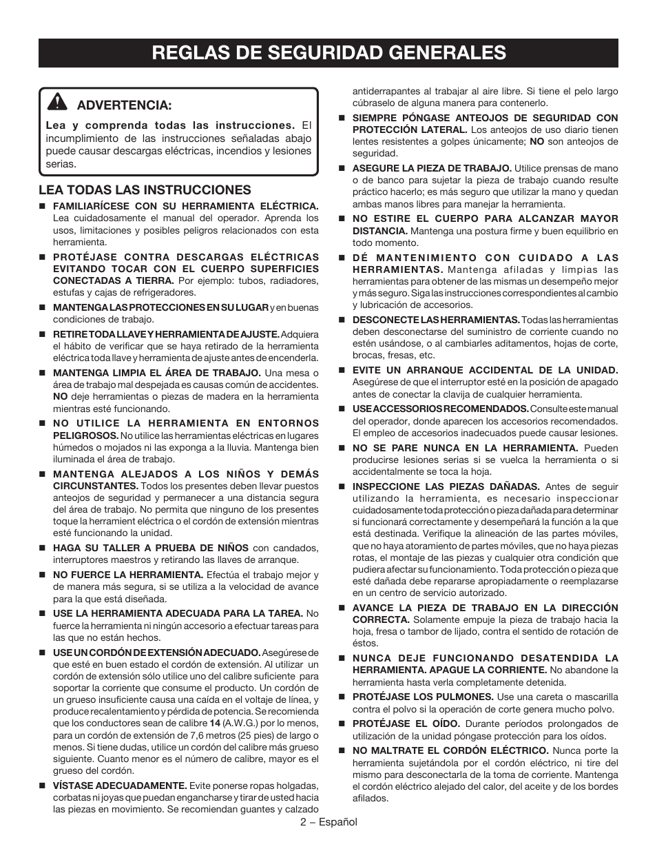 Reglas de seguridad generales, Advertencia, Lea todas las instrucciones | Ryobi TSS102L User Manual | Page 66 / 100