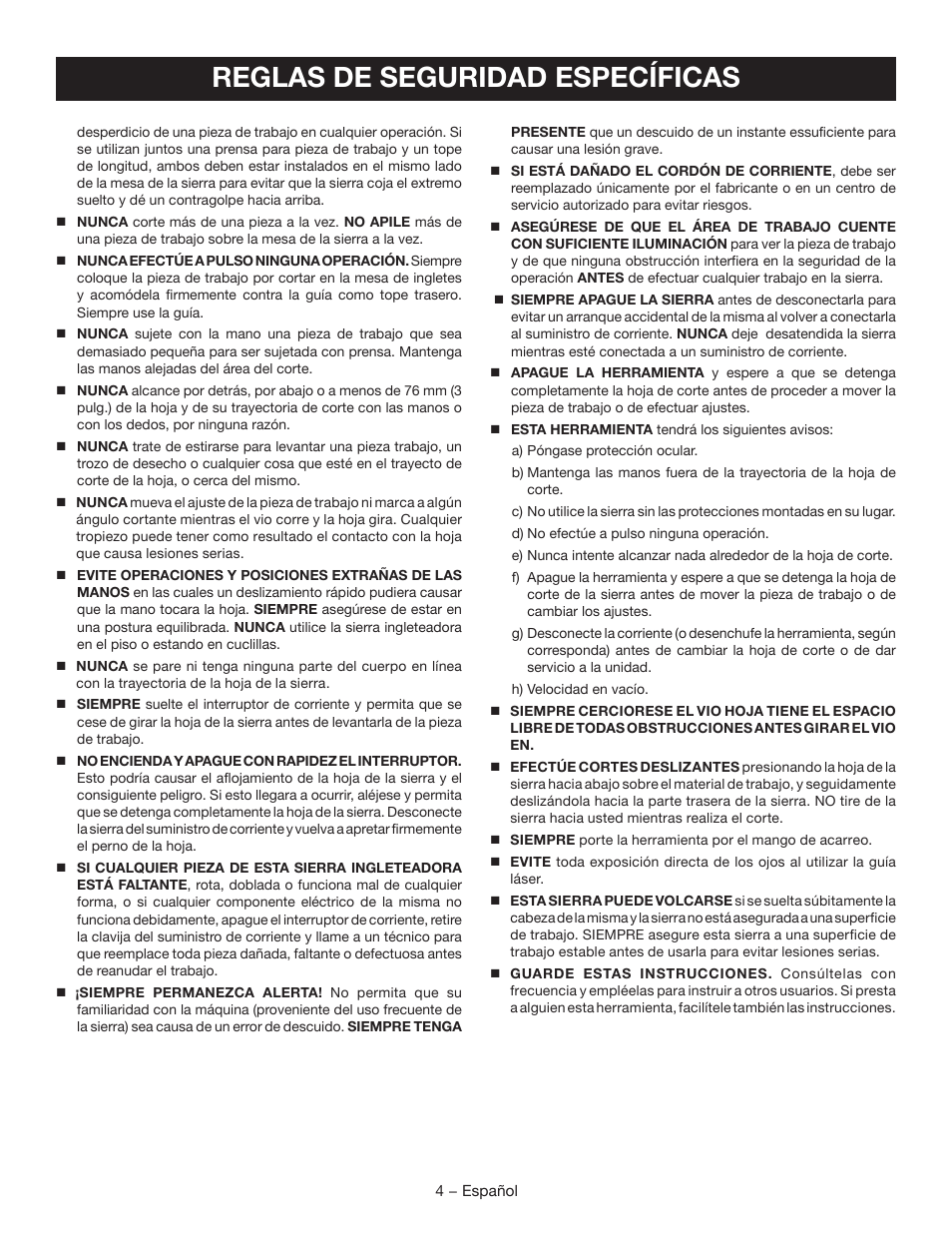 Reglas de seguridad específicas | Ryobi TSS102L User Manual | Page 68 / 100