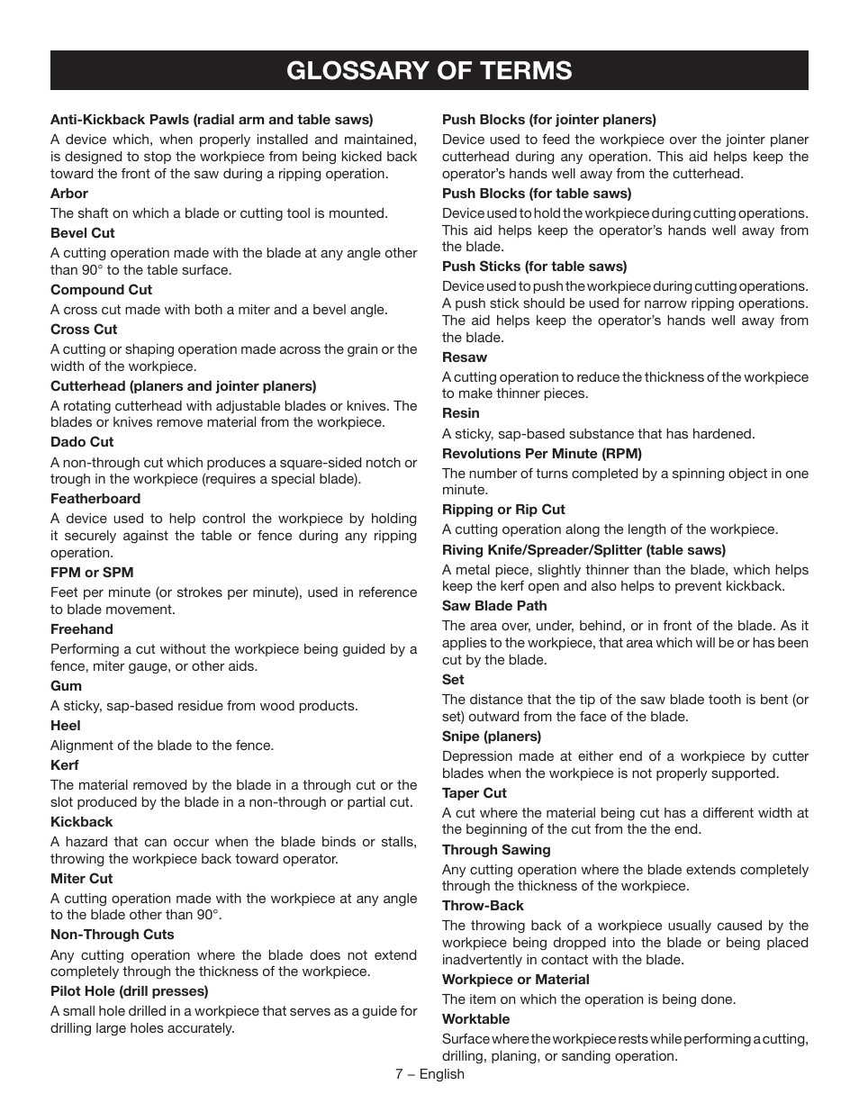 Glossary of terms | Ryobi TSS102L User Manual | Page 7 / 100