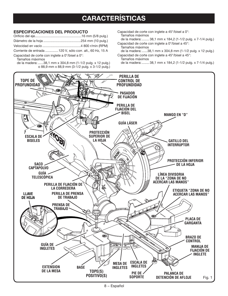 Características | Ryobi TSS102L User Manual | Page 72 / 100