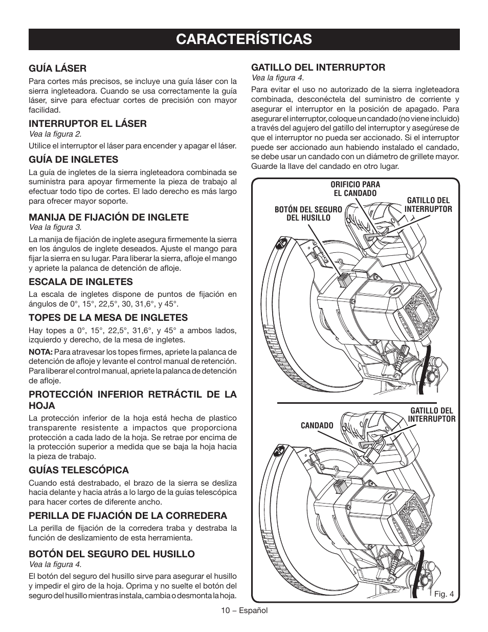 Características | Ryobi TSS102L User Manual | Page 74 / 100