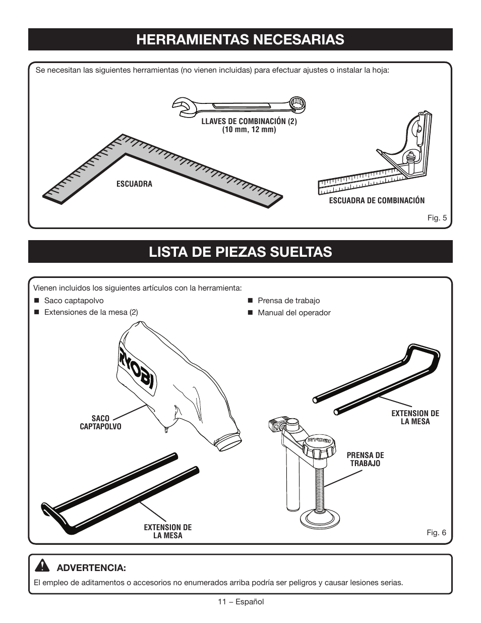 Lista de piezas sueltas, Herramientas necesarias | Ryobi TSS102L User Manual | Page 75 / 100