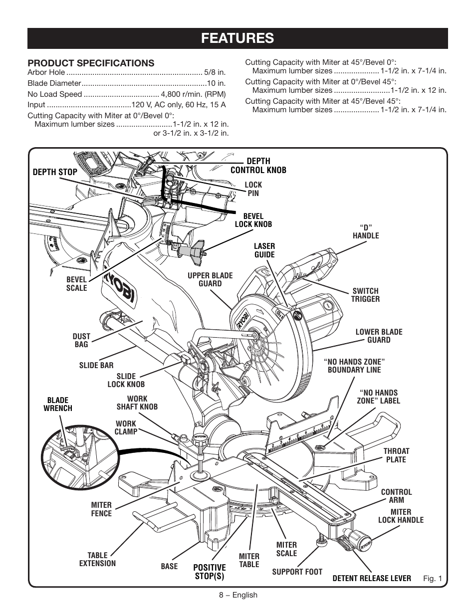 Features | Ryobi TSS102L User Manual | Page 8 / 100