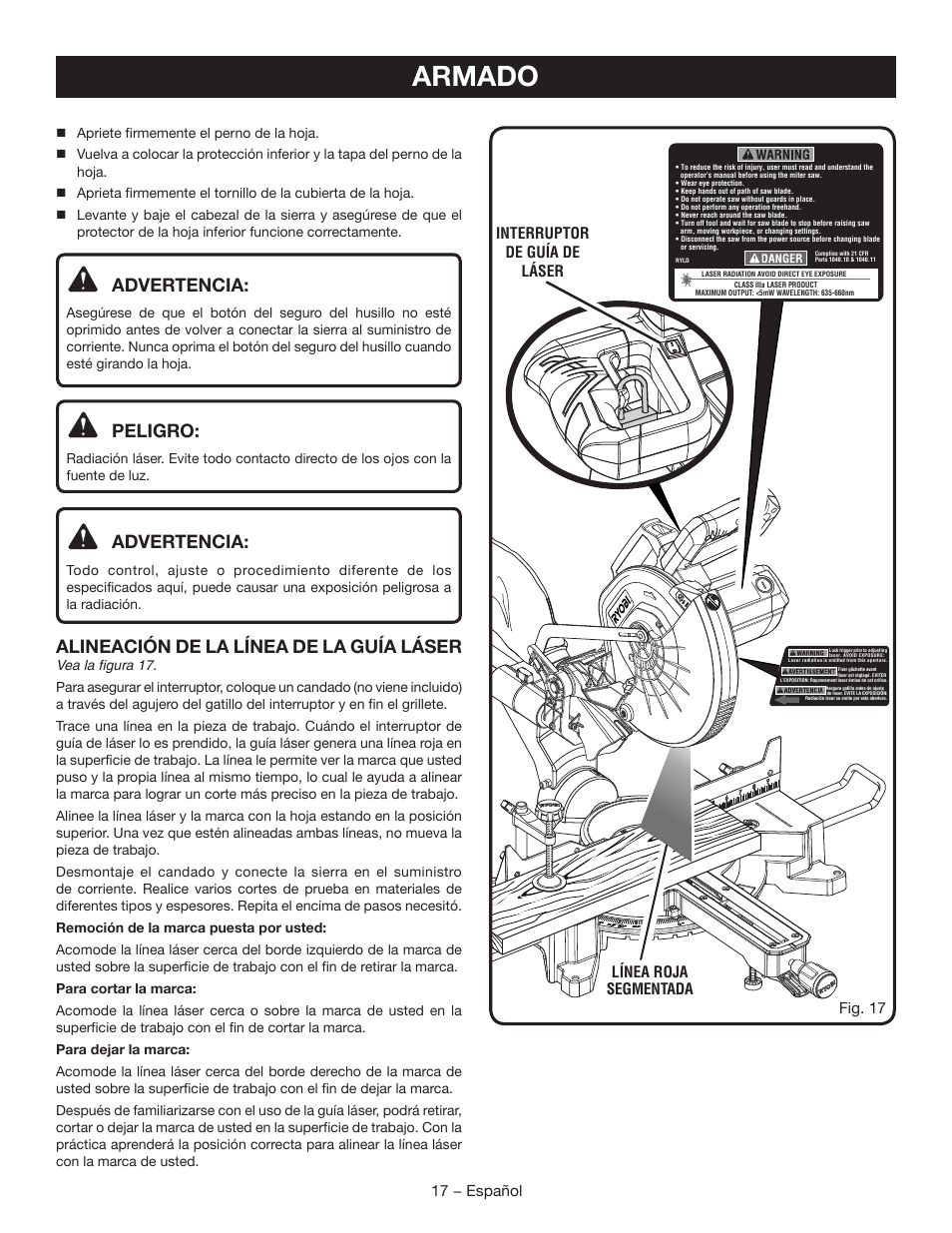 Armado, Advertencia, Peligro | Alineación de la línea de la guía láser, 17 − español, Línea roja segmentada fig. 17, Interruptor de guía de láser | Ryobi TSS102L User Manual | Page 81 / 100