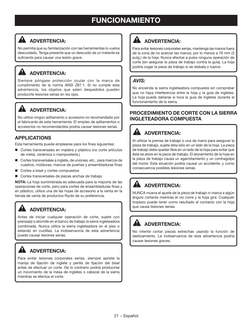 Funcionamiento | Ryobi TSS102L User Manual | Page 85 / 100