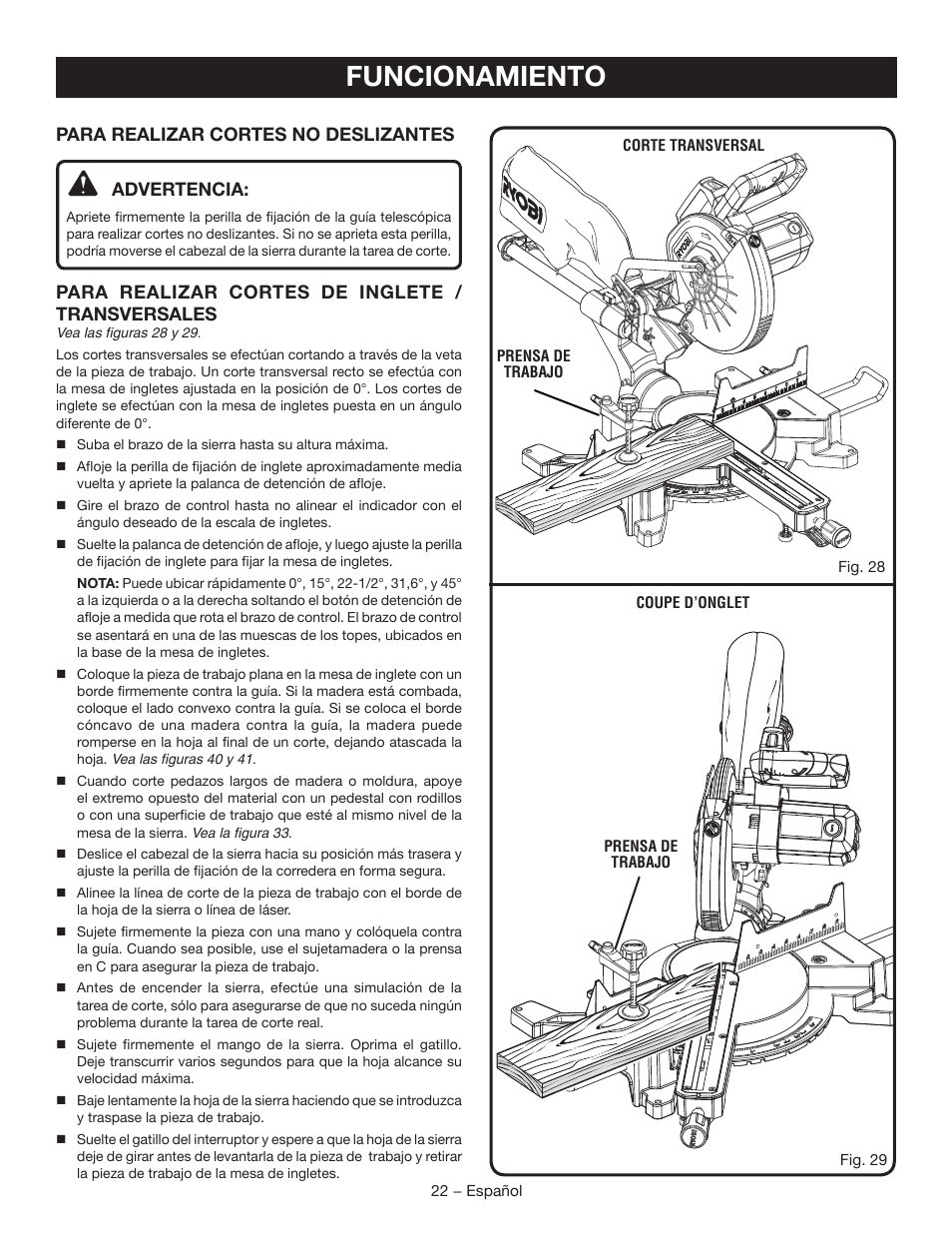 Funcionamiento | Ryobi TSS102L User Manual | Page 86 / 100