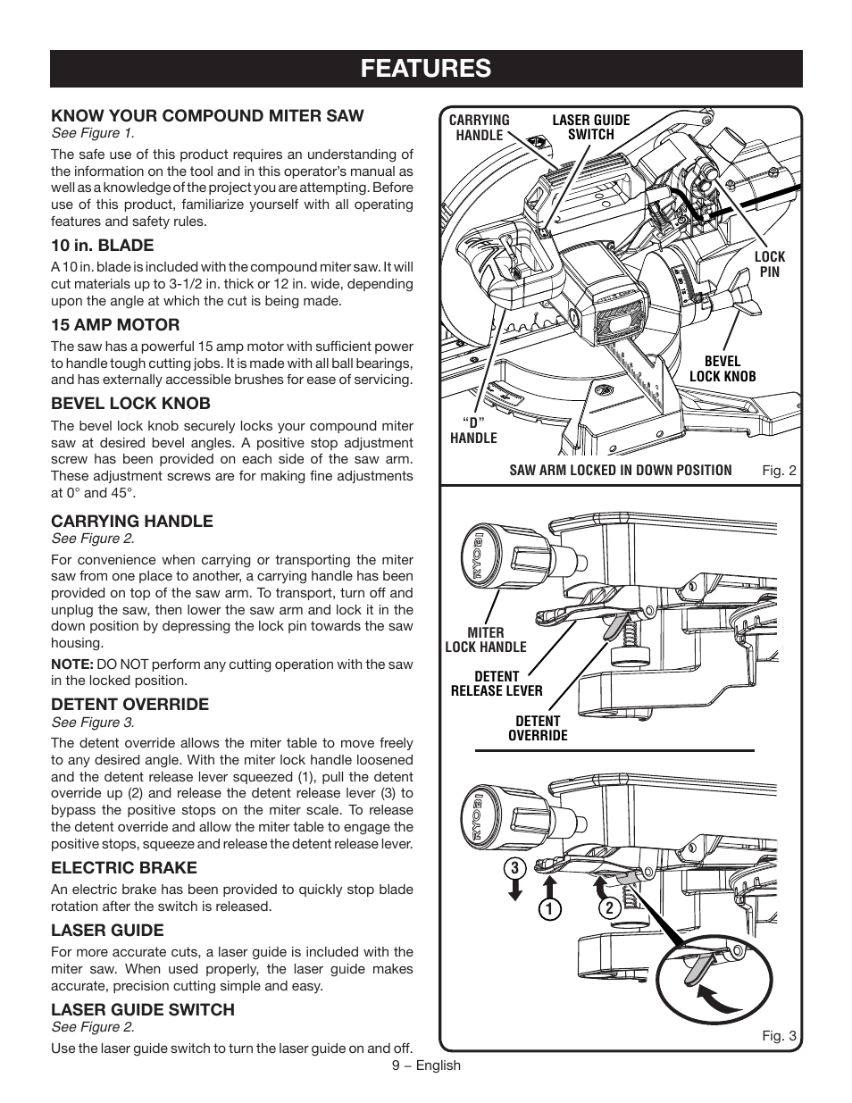 Features | Ryobi TSS102L User Manual | Page 9 / 100