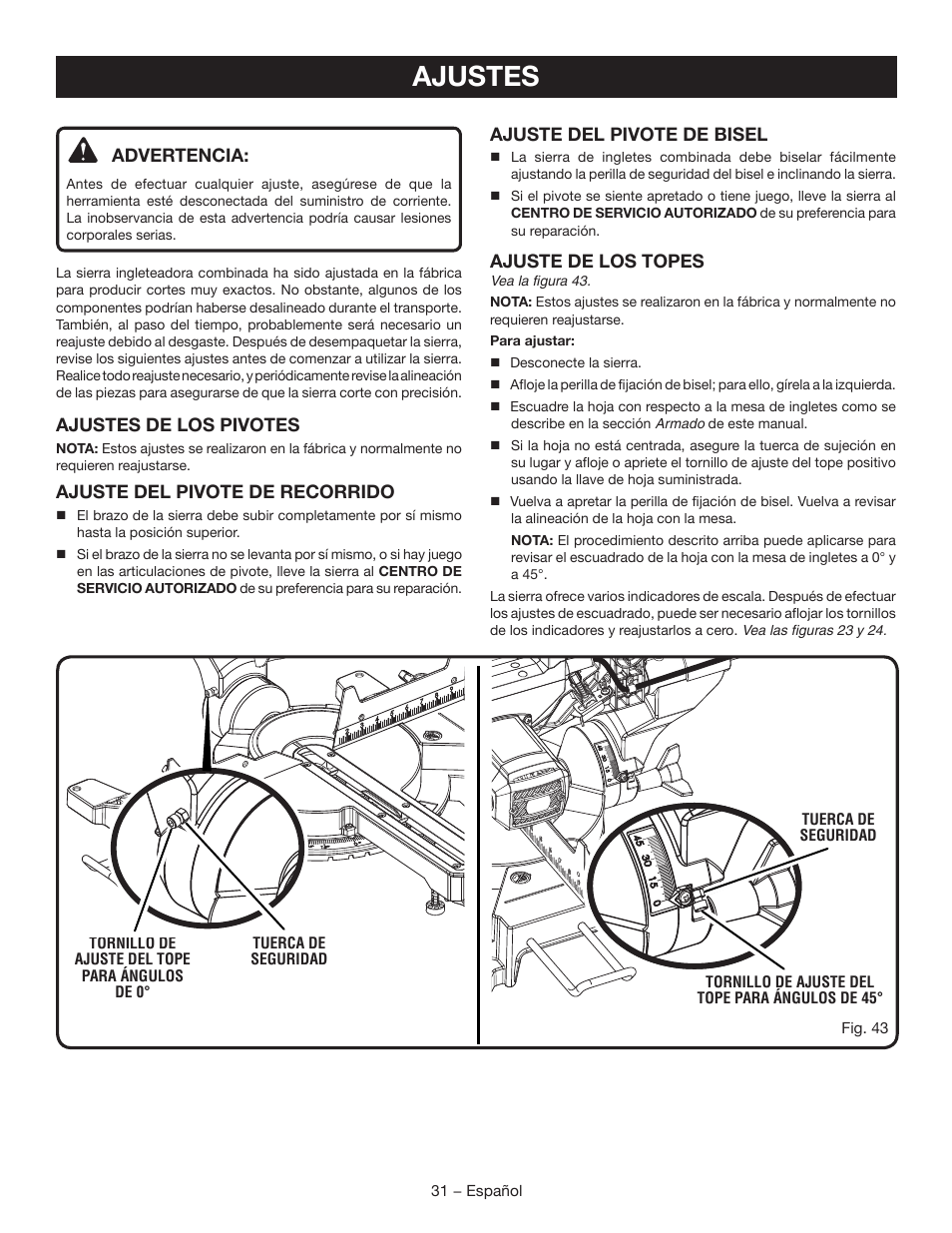 Ajustes | Ryobi TSS102L User Manual | Page 95 / 100