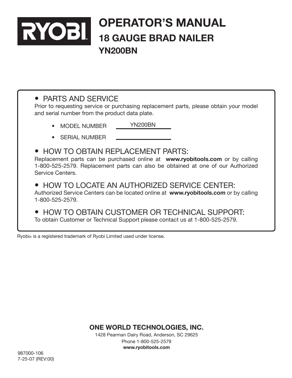 Operator’s manual, 18 gauge brad nailer, Yn200bn | Parts and service, How to obtain replacement parts, How to locate an authorized service center, How to obtain customer or technical support | Ryobi YN200BN User Manual | Page 20 / 20