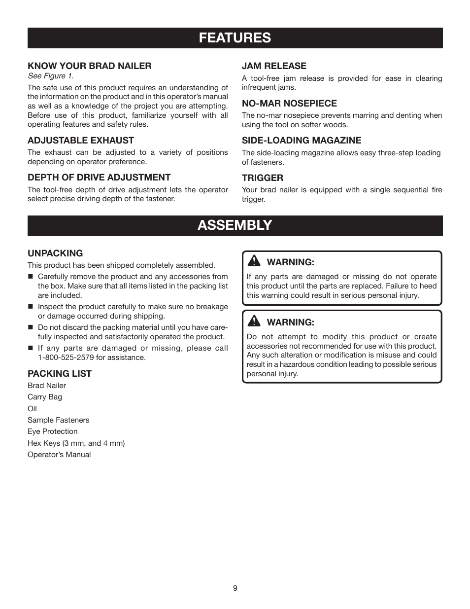 Features, Assembly | Ryobi YN200BN User Manual | Page 9 / 20