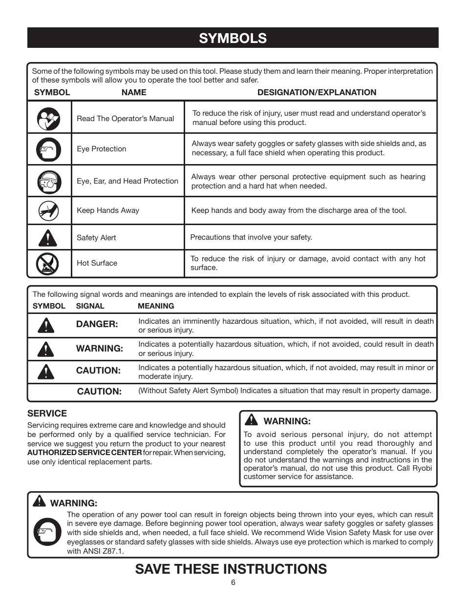 Symbols, Save these instructions | Ryobi YN250FS User Manual | Page 6 / 20