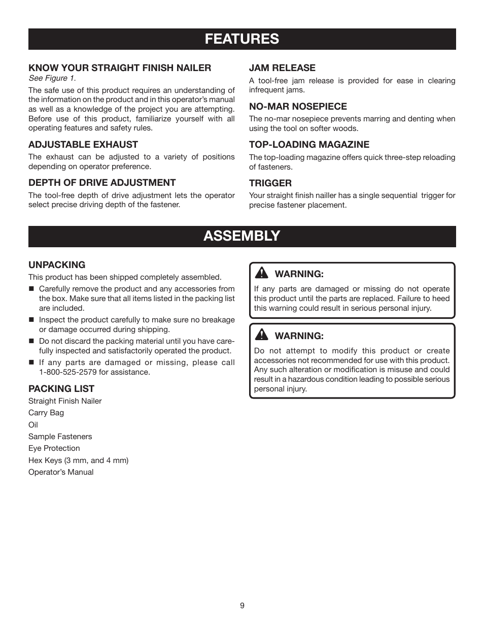 Features, Assembly | Ryobi YN250FS User Manual | Page 9 / 20