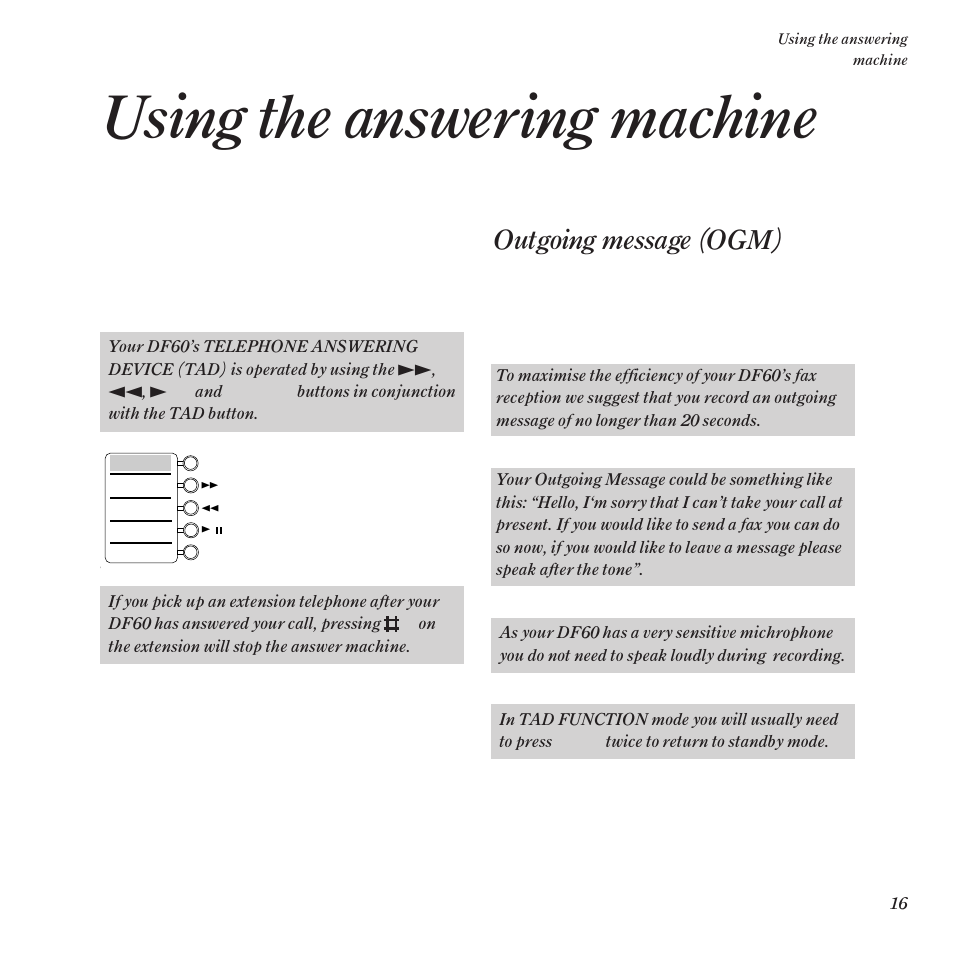 Using the answering machine, Outgoing message (ogm) | BT DF60 User Manual | Page 19 / 42